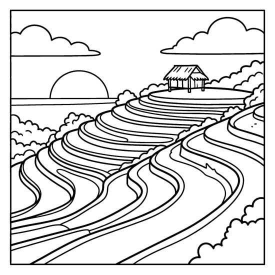 Curving terraced rice paddies climbing a hillside to a small hut under a low sun, bold and easy