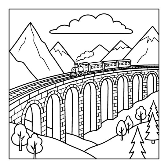 Curved stone railway viaduct with tall arches over a mountain valley and a small train, coloring sheet