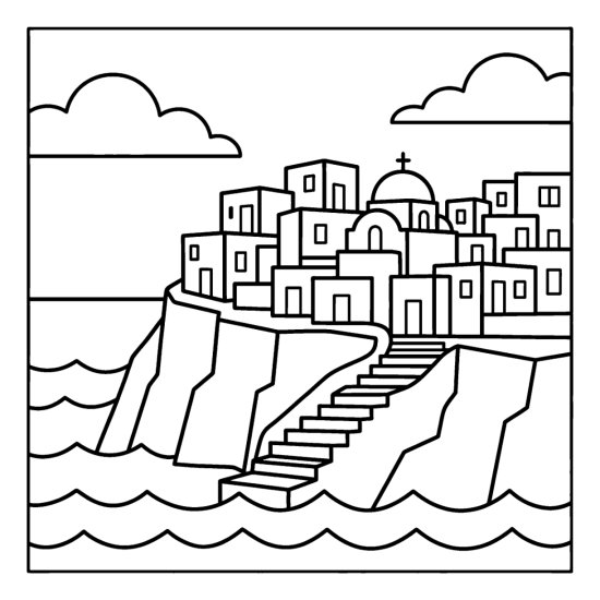 Clifftop village of stacked cubic houses and a domed chapel above the sea, bold and easy