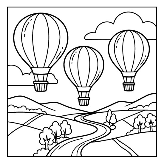 Three rounded hot air balloons drifting above a patchwork valley with a winding river, bold and easy