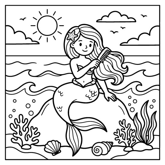 A mermaid combs her long hair on a rock with waves and shells, coloring page