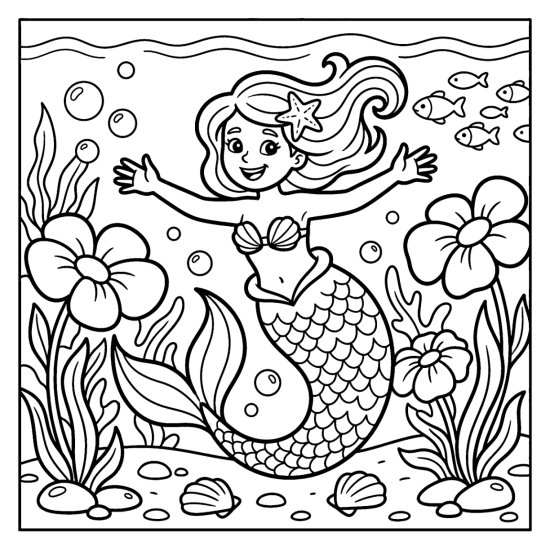 A mermaid twirls with open arms among big sea flowers and shells, coloring page