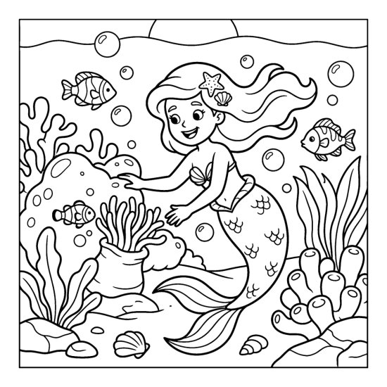 A mermaid reaches toward coral and an anemone with fish and bubbles, coloring sheet