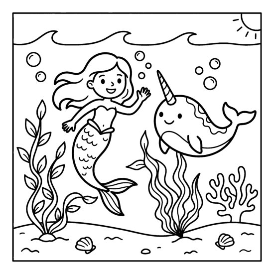 A mermaid waves beside a friendly narwhal with a spiral horn, coloring page