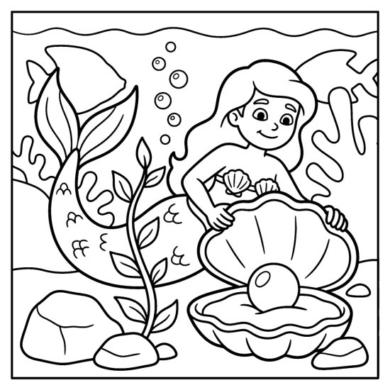 A mermaid peeks into an open oyster holding one big pearl, coloring sheet