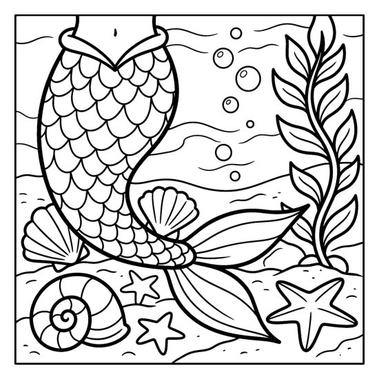 A curled mermaid tail with big scales rests among shells and starfish, coloring page