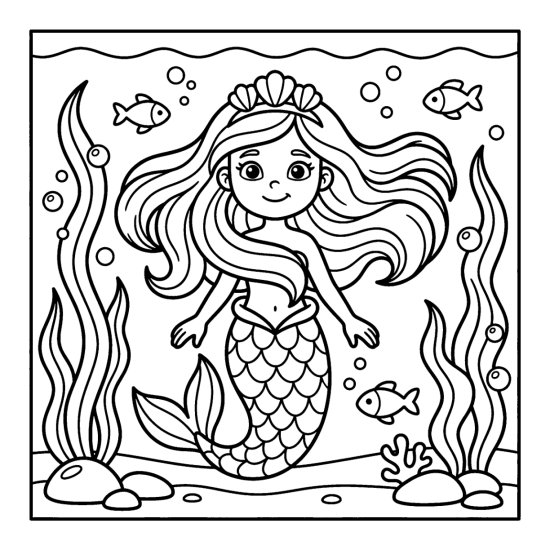 A mermaid in a shell crown poses with flowing hair among seaweed, coloring sheet