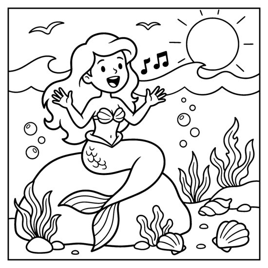 A mermaid sings on a rock with music notes, birds, and a sun, coloring page