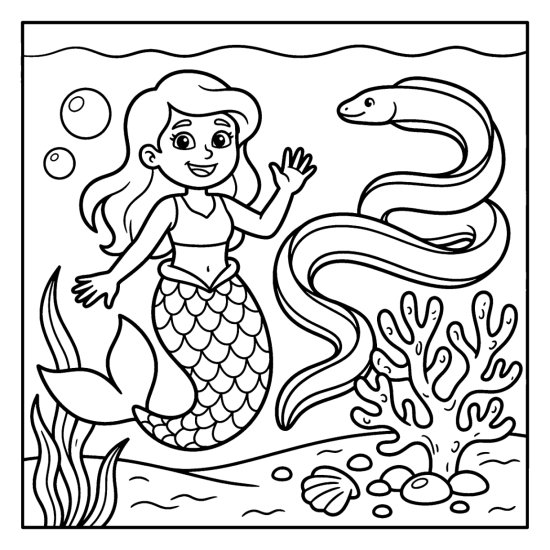 A mermaid waves beside a long wavy eel over coral and shells, coloring sheet