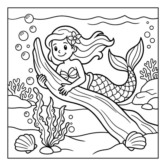 A mermaid drapes over a piece of driftwood with coral and shells, bold and easy