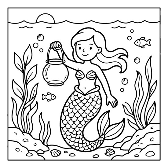 A mermaid holds up a round lantern in deep water with fish, coloring page