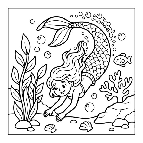 A mermaid dives downward trailing bubbles past seaweed and coral, coloring sheet