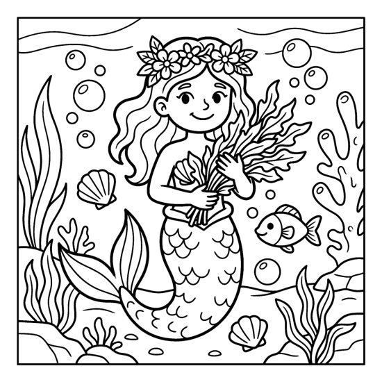 A mermaid in a flower crown holds a leafy seaweed bouquet, coloring sheet