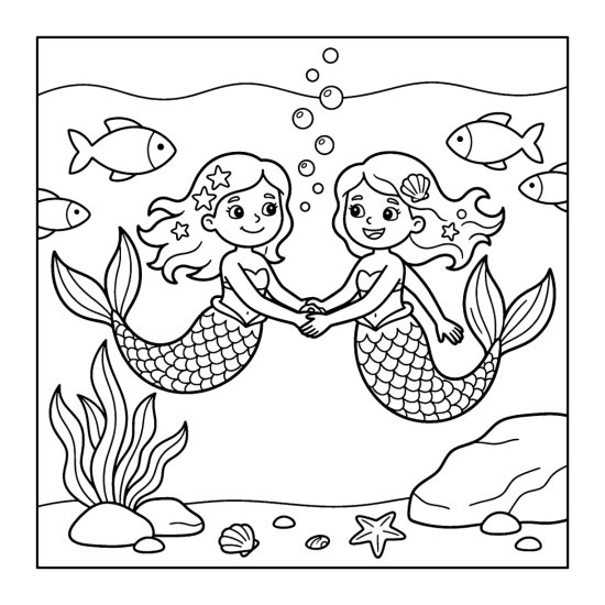 Two mermaids hold hands among fish, bubbles, and seaweed, bold and easy