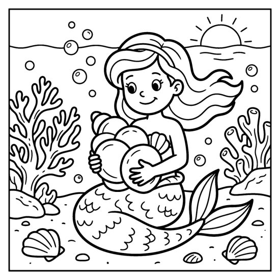 A mermaid gathers round shells into her arms over coral, coloring page