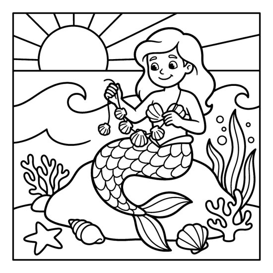 A mermaid threads shells onto a necklace on a rock by the waves, coloring sheet