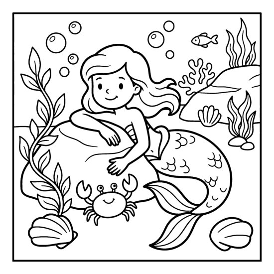 A mermaid leans on a rock beside a small smiling crab and shells, bold and easy