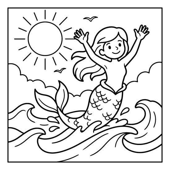 A mermaid leaps from a wave with arms raised under a bright sun, coloring page