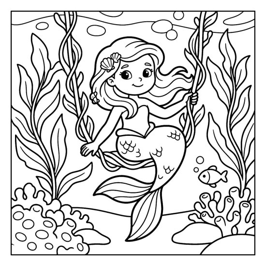 A mermaid rests in a swing of looping seaweed vines with a fish, coloring sheet