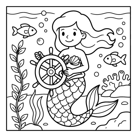 A mermaid holds a round ship's wheel among fish and seaweed, bold and easy