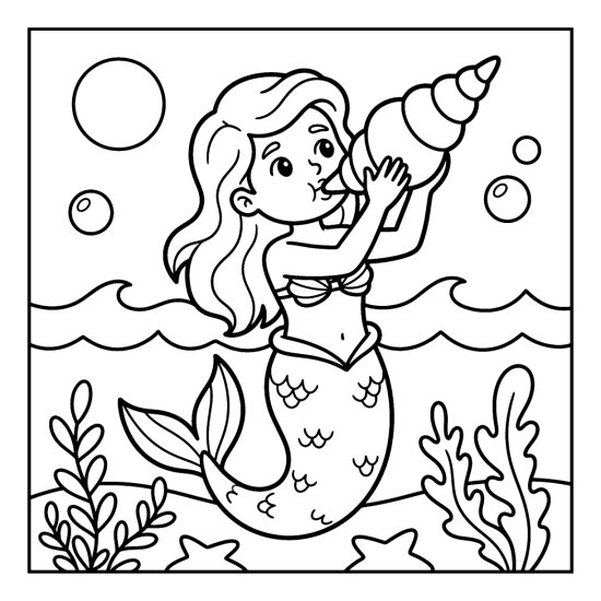 A mermaid raises a spiral conch shell to her lips above the waves, coloring page