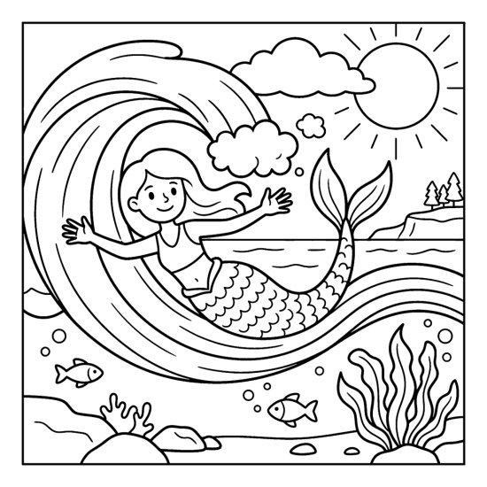 A mermaid glides along a big curling wave with arms open and a sun, coloring sheet