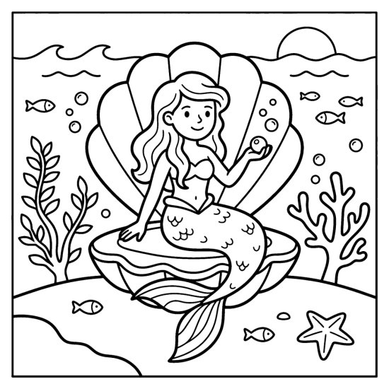 A mermaid sits on a giant scallop shell throne holding a pearl, coloring page