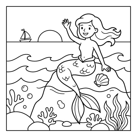 A mermaid on a rock waves toward a far off sailboat at sunset, bold and easy