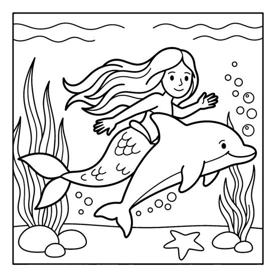 A mermaid swims beside a friendly dolphin among bubbles and seaweed, coloring sheet