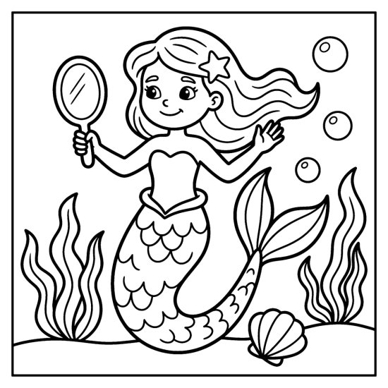 A mermaid holds up a round hand mirror above seaweed and shells, coloring page