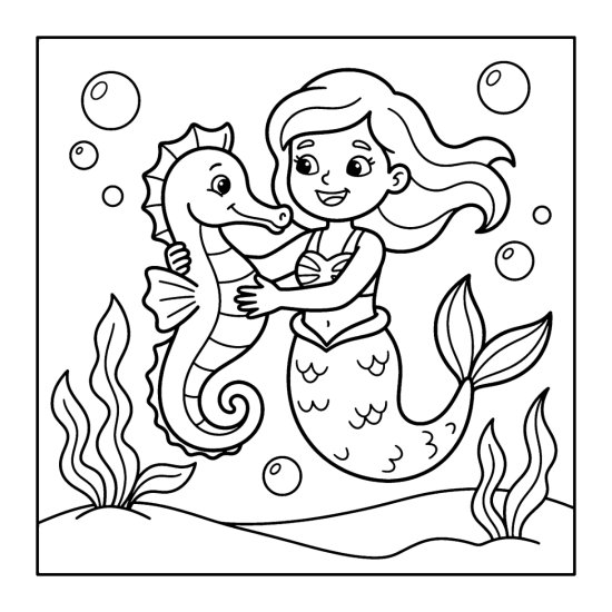 A mermaid hugs a big curly seahorse among bubbles and seaweed, coloring sheet