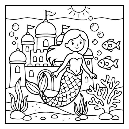A mermaid floats before a domed underwater castle with fish and bubbles, coloring page