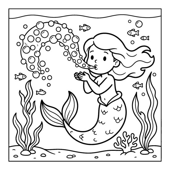 A mermaid blows a big stream of round bubbles near seaweed and fish, coloring sheet