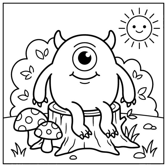 A round one eyed monster sits on a tree stump among mushrooms beneath a smiling sun coloring page