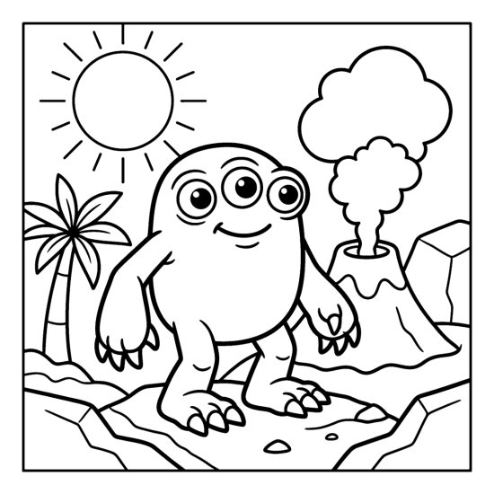 A three eyed monster stands by a small puffing volcano with boulders and a palm coloring sheet
