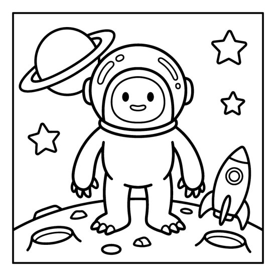 A monster in a space helmet stands on a cratered planet near a ringed planet, bold and easy