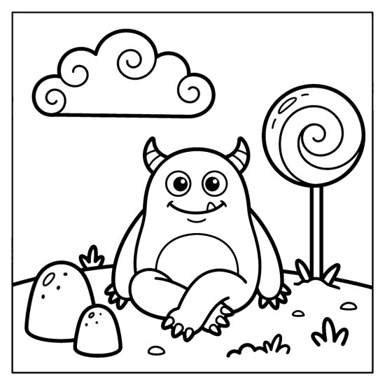 A cheerful monster sits in a candy land with a lollipop tree and gumdrops, bold and easy