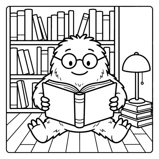 A monster with glasses reads a blank book before a tall bookshelf and lamp coloring page