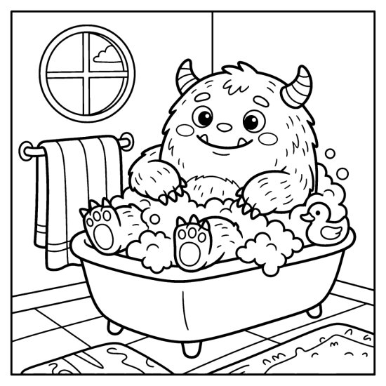 A round monster relaxes in a bathtub full of bubbles with a rubber duck, bold and easy
