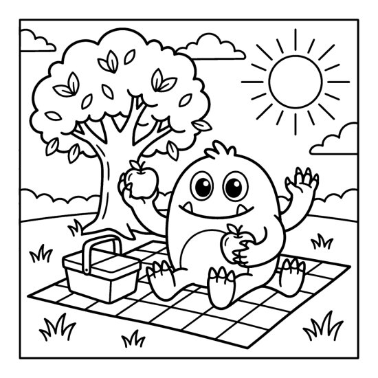 A monster sits on a checkered picnic blanket with a basket and a big apple, bold and easy