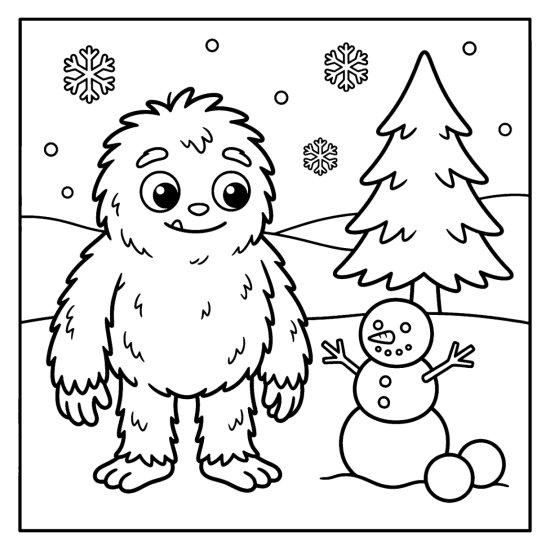 A fuzzy monster stands in the snow beside a little snow monster and a pine tree coloring sheet