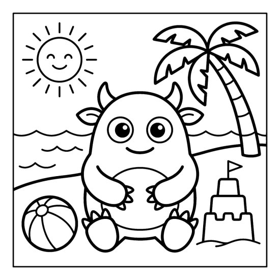 A monster sits on the beach beside a sandcastle and beach ball under a palm, bold and easy
