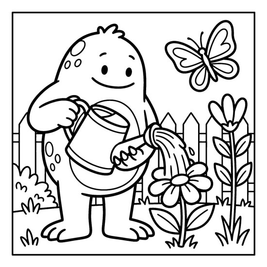 A monster waters a flower with a watering can beside a low fence and butterfly, bold and easy