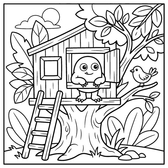 A monster peeks from a treehouse window near a leaning ladder and a small bird coloring page