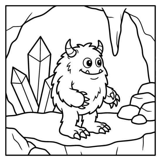 A fuzzy horned monster stands in a rocky cave beside tall pointed crystals, bold and easy