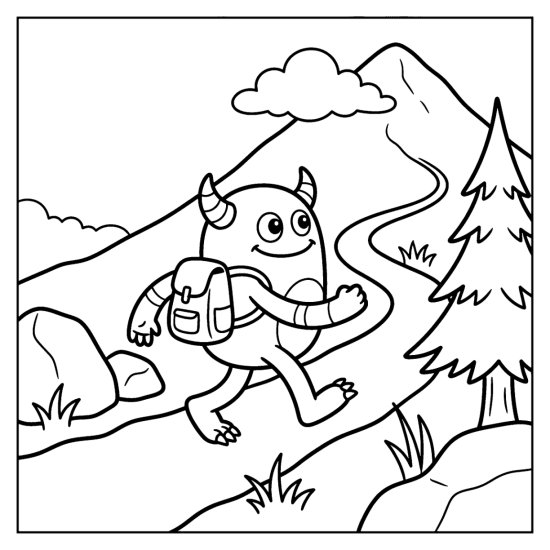 A monster with a backpack hikes up a mountain trail past rocks and a pine tree, bold and easy