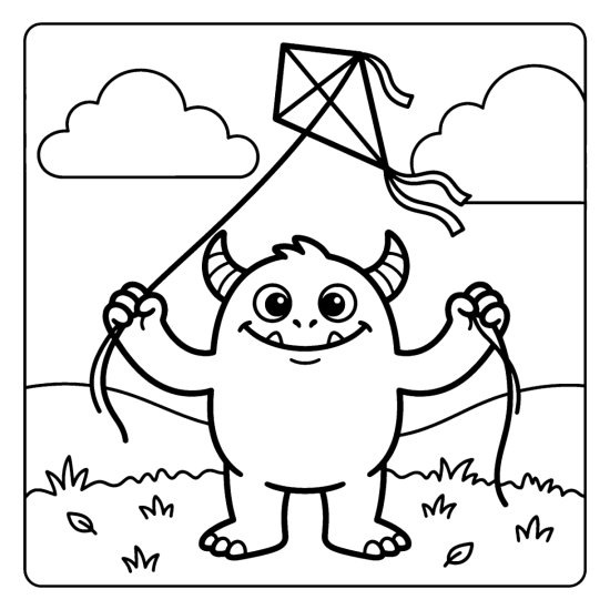 A monster holds a kite string as a diamond kite floats above clouds and a hill, bold and easy