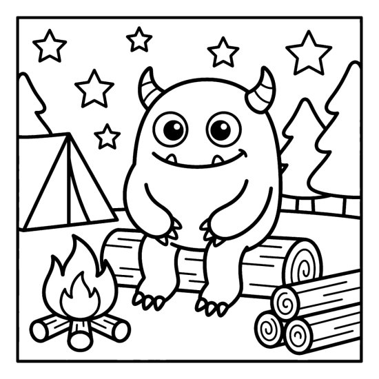 A monster sits on a log by a campfire near a triangle tent under a starry sky coloring sheet