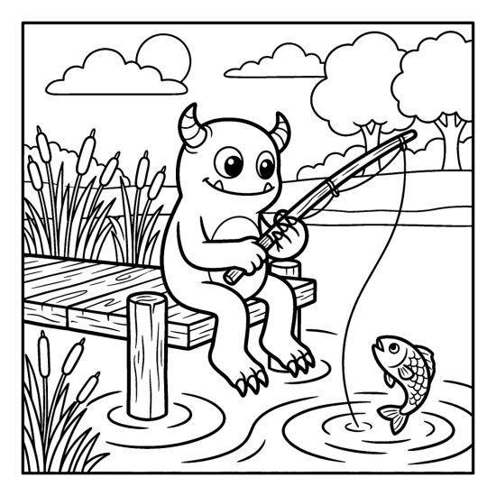A monster fishes from a wooden dock as a fish jumps near cattails and ripples, bold and easy