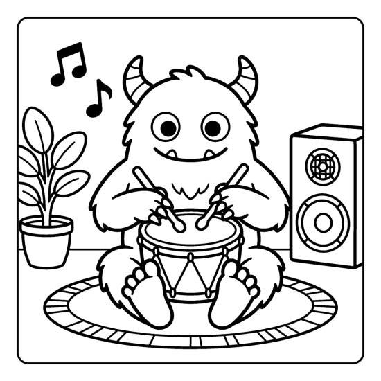 A monster plays a round drum with sticks beside a speaker and floating music notes, bold and easy